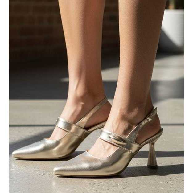 Scarpin Feminino Slingback Dourado Bico Fino Salto Alto 9,0cm Conforto Casual Sofisticado Premium