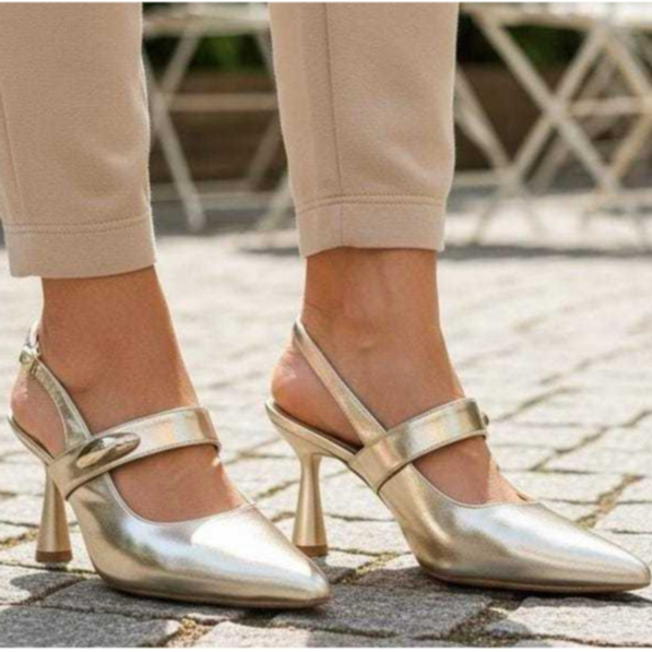 Scarpin Feminino Slingback Dourado Bico Fino Salto Alto 9,0cm Conforto Casual Sofisticado Premium