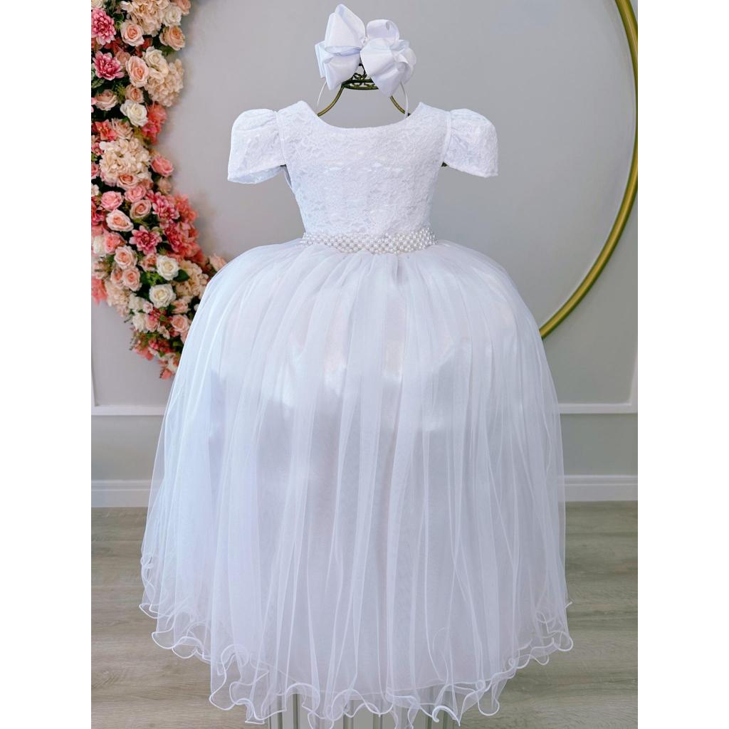 Vestido Infantil Realeza Luxo Branco Longo Festa Daminha Florista Noivinha