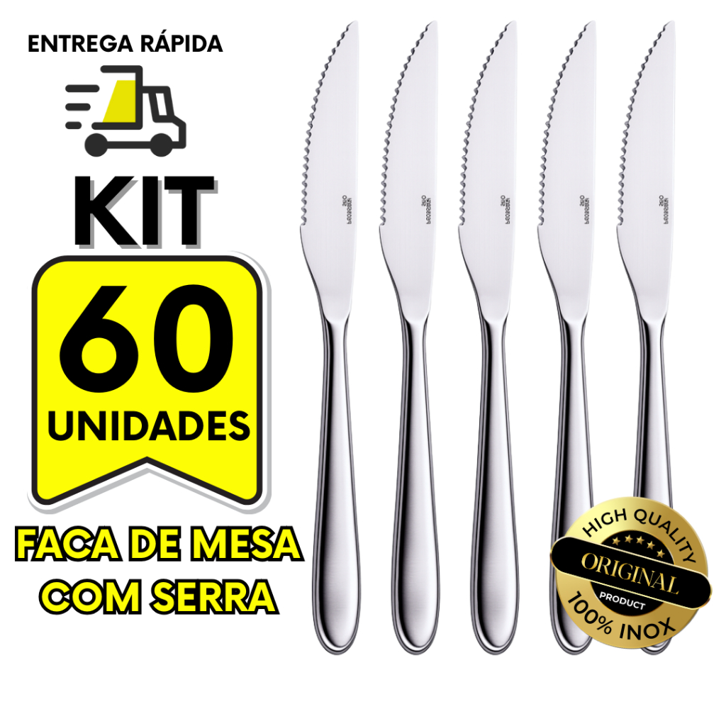 Kit 60 Facas Inox Para Cozinha Churrasco Restaurante Buffet Enxoval Casa Nova Pizzaria Festa Eventos