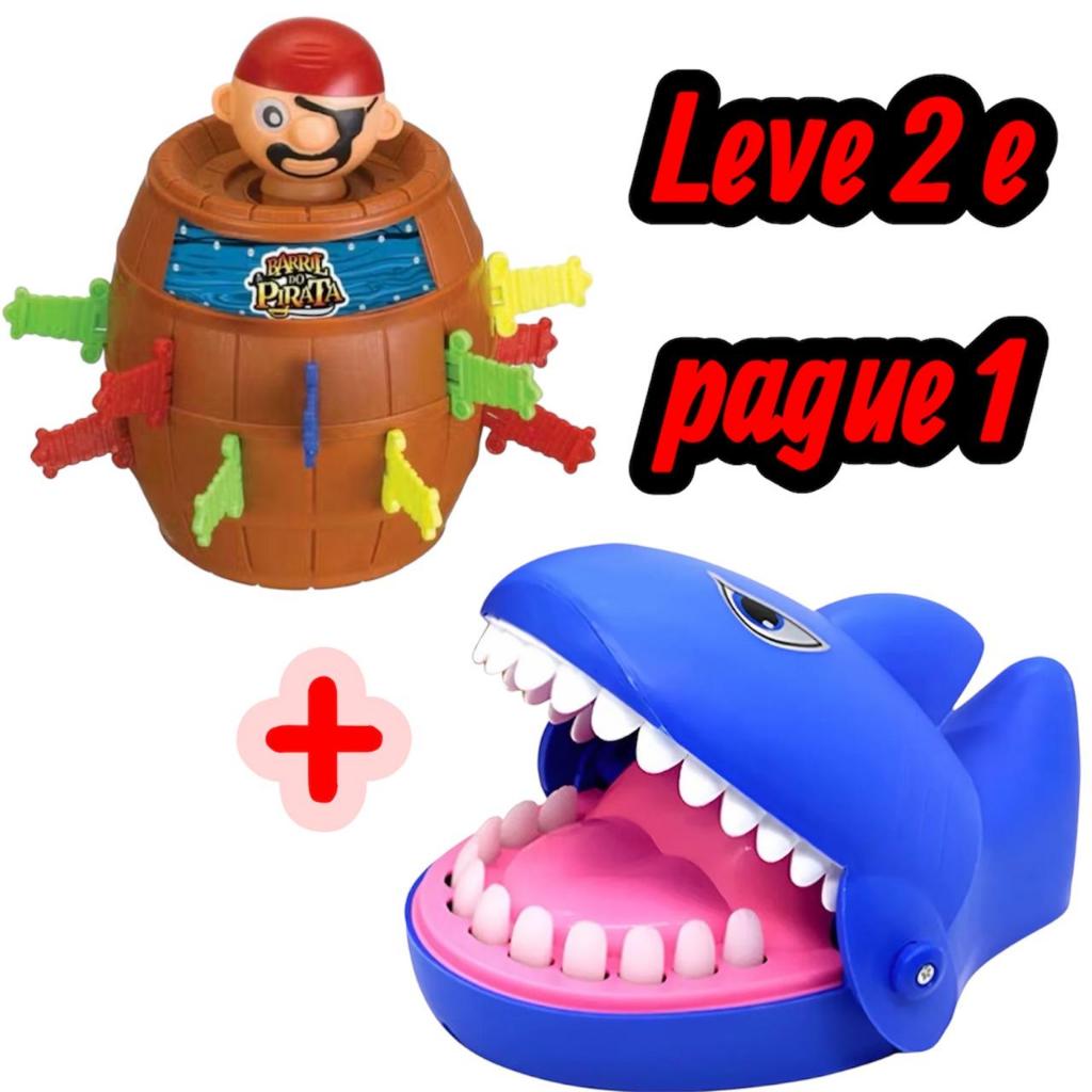 Kit 2 Brinquedos Jogo Tubarão  Morde Dedo e Barril Pula Pirata Jogos de Mesa Infantil Educativo Menino Menina