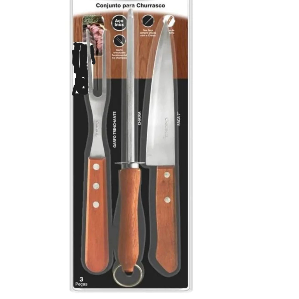 Kit Churrasco Faca Chaira Garfo Aço Inox Assador