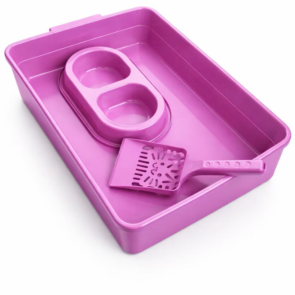 Kit Caixa de Areia para Gatos Bandeja + Comedouro Cara De Gato + Pá Higiênica em Oferta na Shopee
