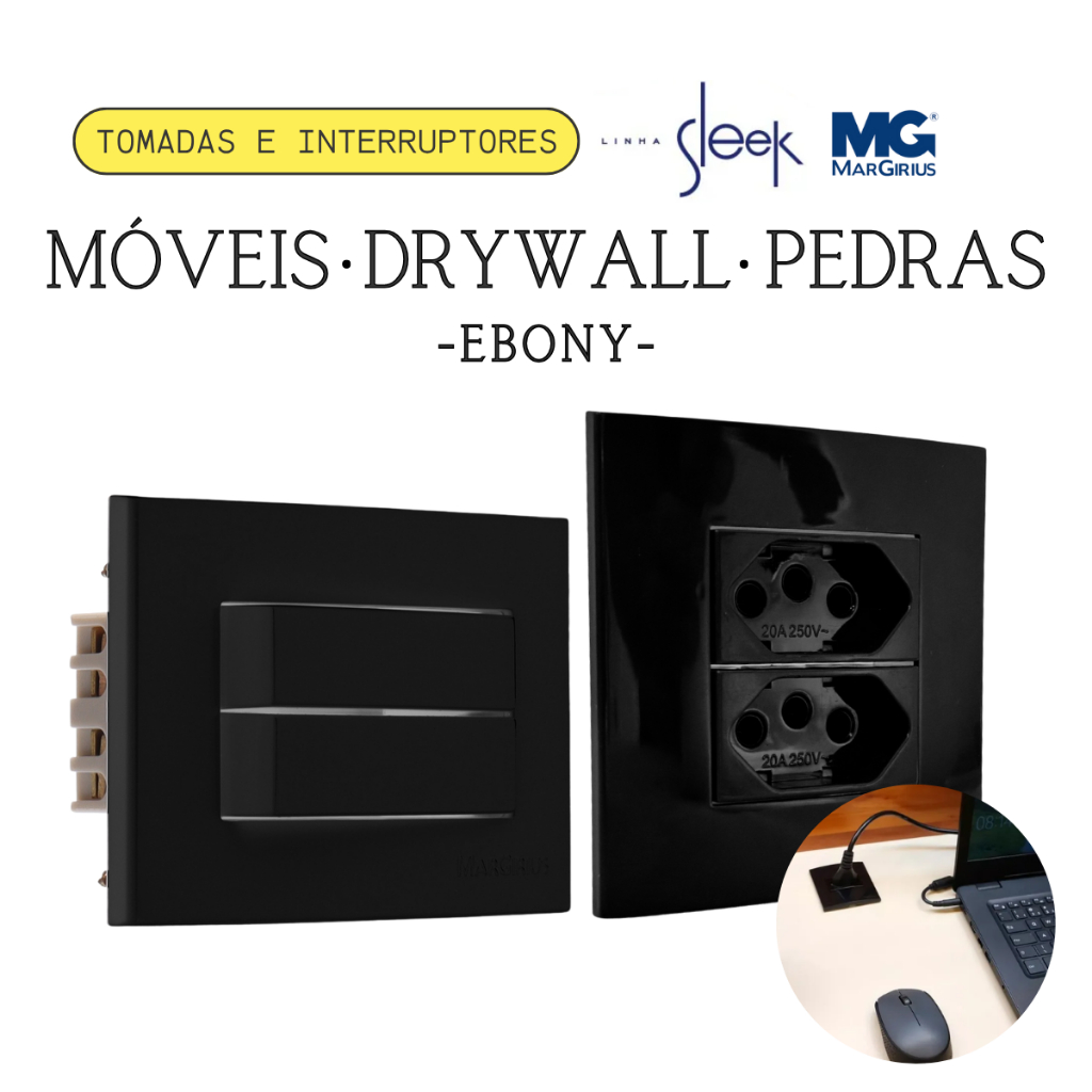 Conjunto Tomada Móveis Sleek Ebony Planejados Cozinha Escritório Bancadas Conjunto Interruptor Preto Margirius