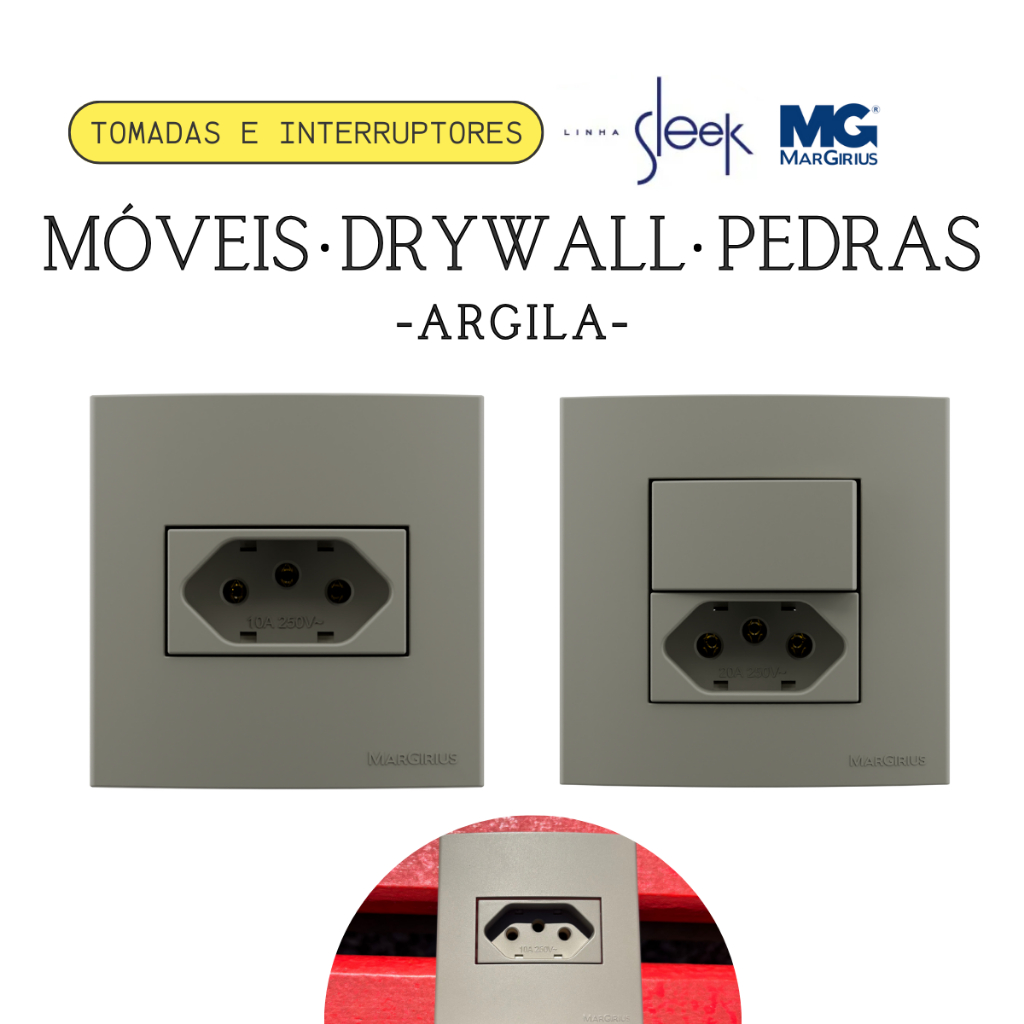 Tomada Para Moveis Cor Argila Embutir Sleek Margirius Drywall Gesso Mármore Interruptor Simples Paralelo Tomada 10A 20A