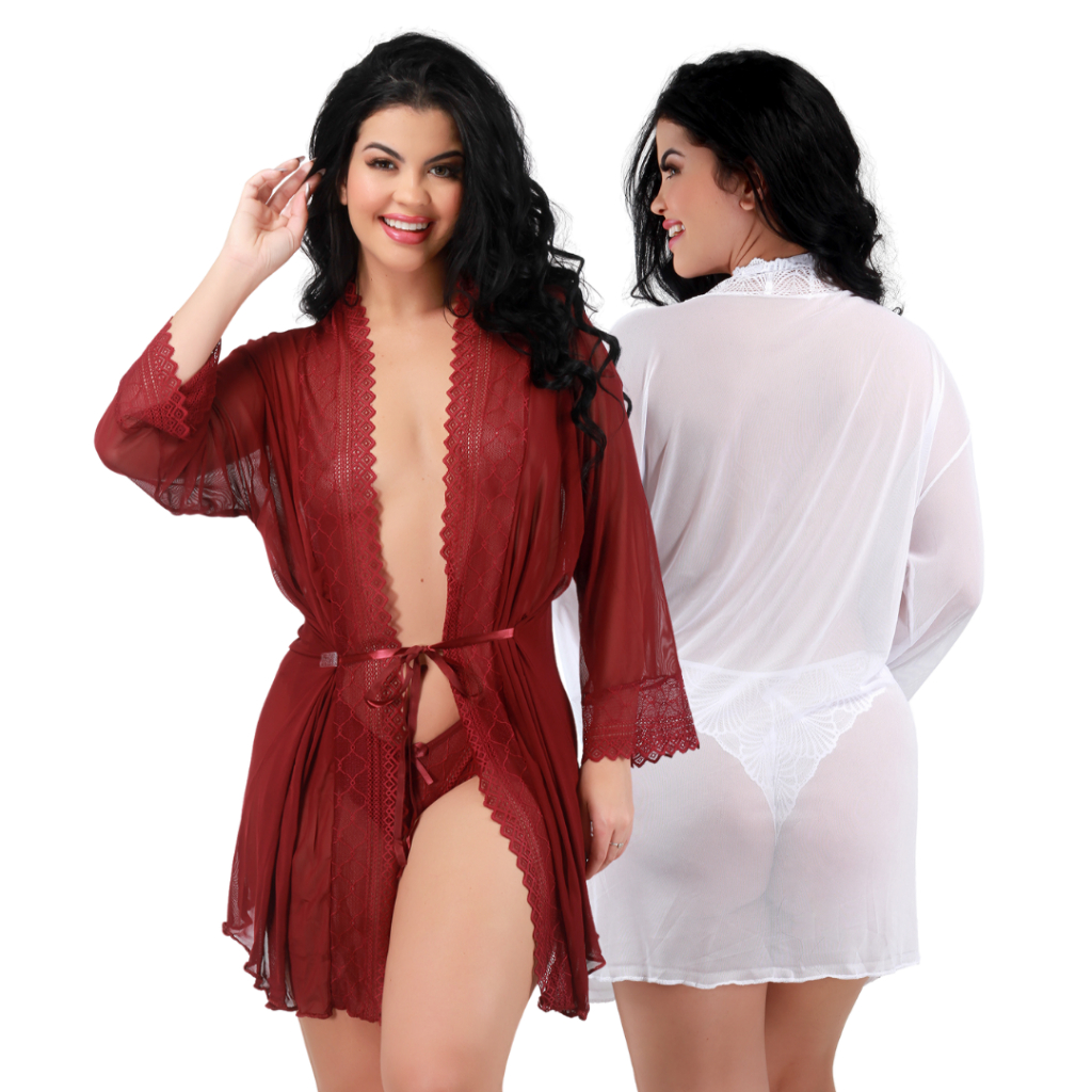 Kit com 2 Robe de Tule Hobby Hoby Sensual Sexy Transparente Acompanha Calcinha Fio de Renda
