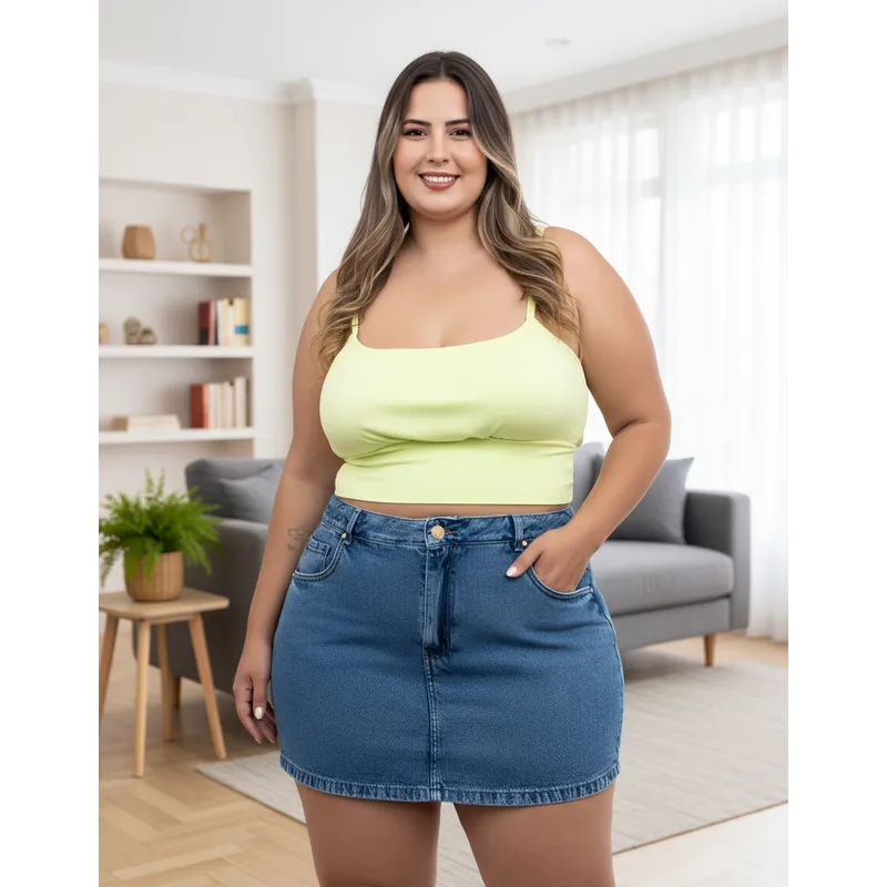 Short Saia Jeans Feminino Plus Size Cambos Curta Sem Elastano
