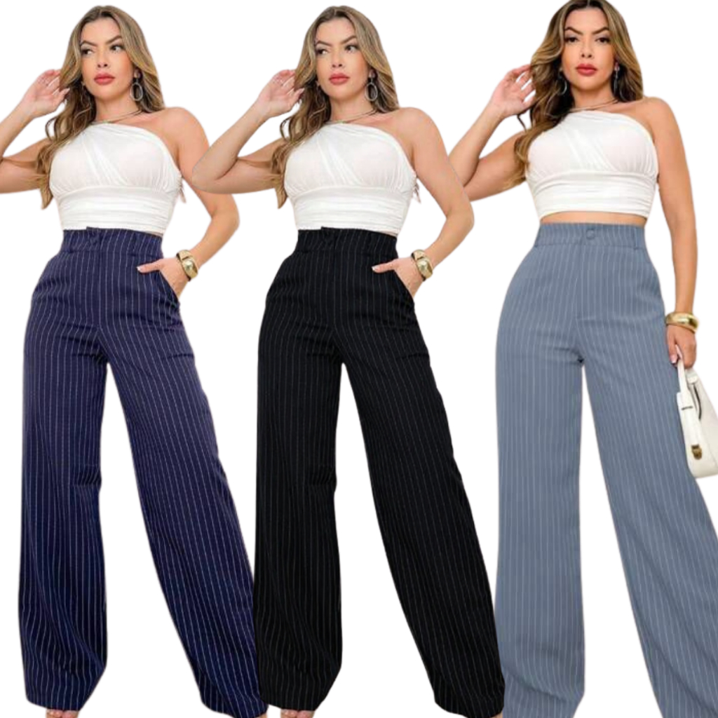 CALÇA SOCIAL LISTRADA FEMENINO, ALFAIATARIA PANTALONA PREMIUM , COM BOLSOS NAS DUAS PERNAS ,CINTURA ALTA MODELO WIDE LEG em Oferta na Shopee