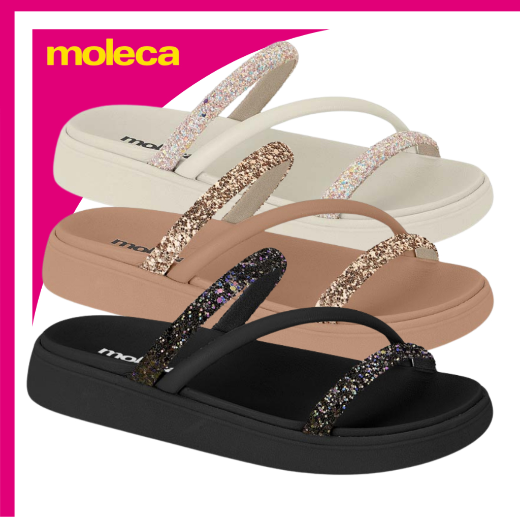 Sandália Papete Moleca Original com Brilho Glitter Flatform Leve Conforto Dia a Dia