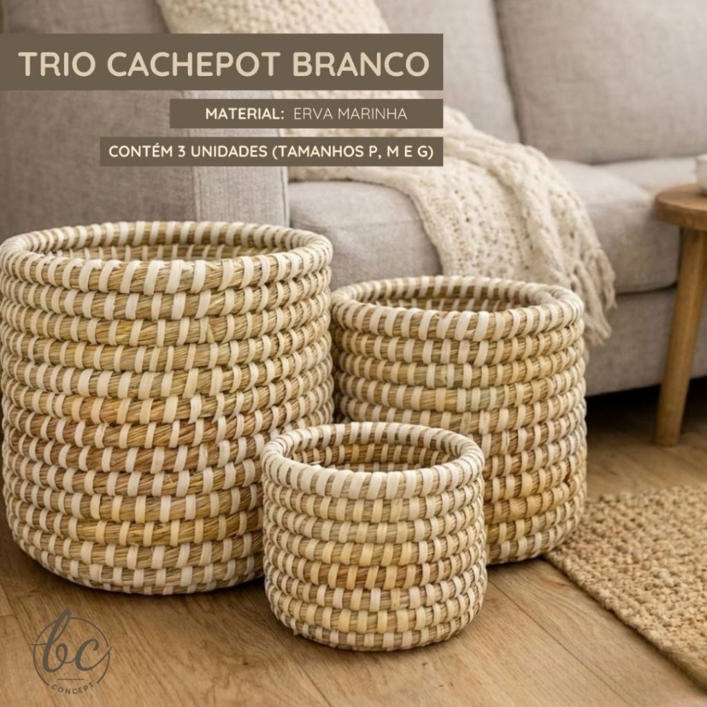 Kit 3 Cestos Decorativo Branco Rattan Sisal Trancado Estilo Natural Sala Varanda