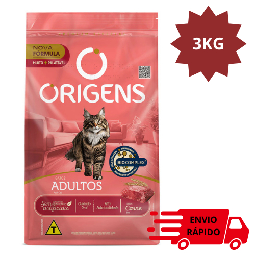 Ração 3KG Origens Gatos Adultos Sabor Carne Premium Especial embalagem original