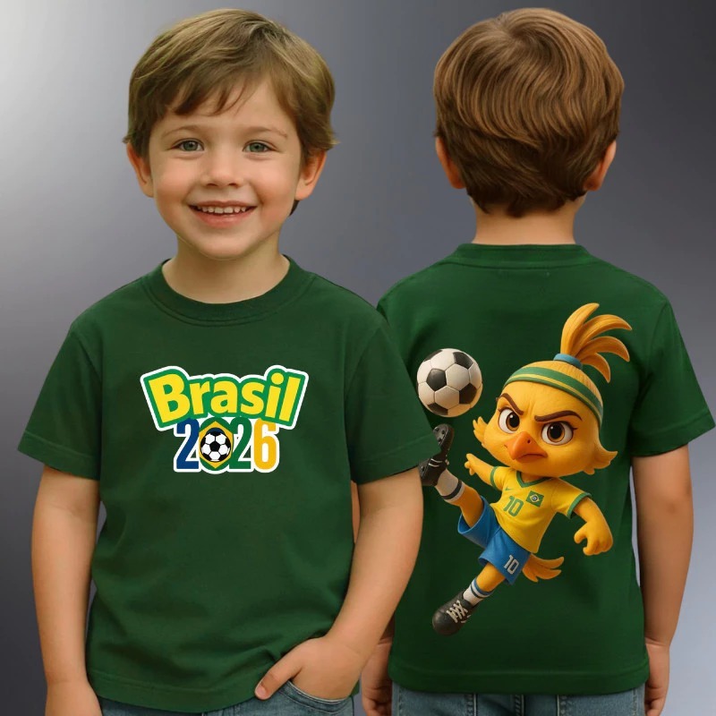 Camiseta  Infantil Unissex Brasil Time Torcida Moda Casual Verão Dia a Dia Bandeira Futebol Blusa
