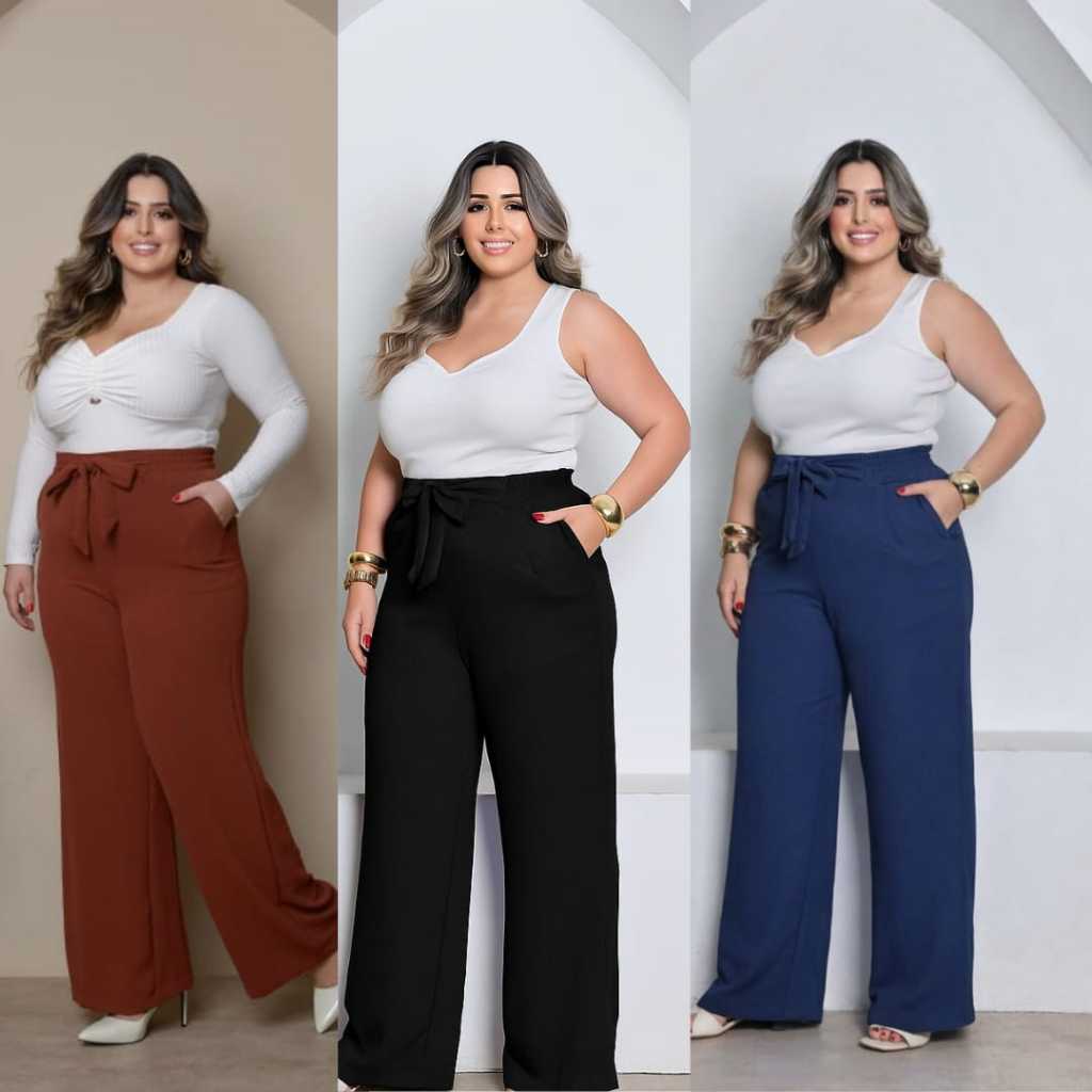 Calça Pantalona Plus Size Feminina Elástico Na Cintura Com Bolso Cintura Alta Tecido Duna com forum
