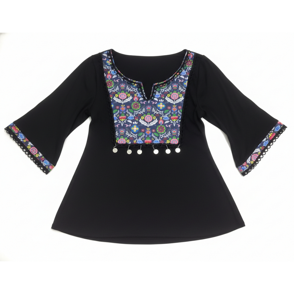 Blusa Feminina Boho Chic Étnica Estampado Manga 2/4 Estilo Indiano Gypsy em Oferta na Shopee