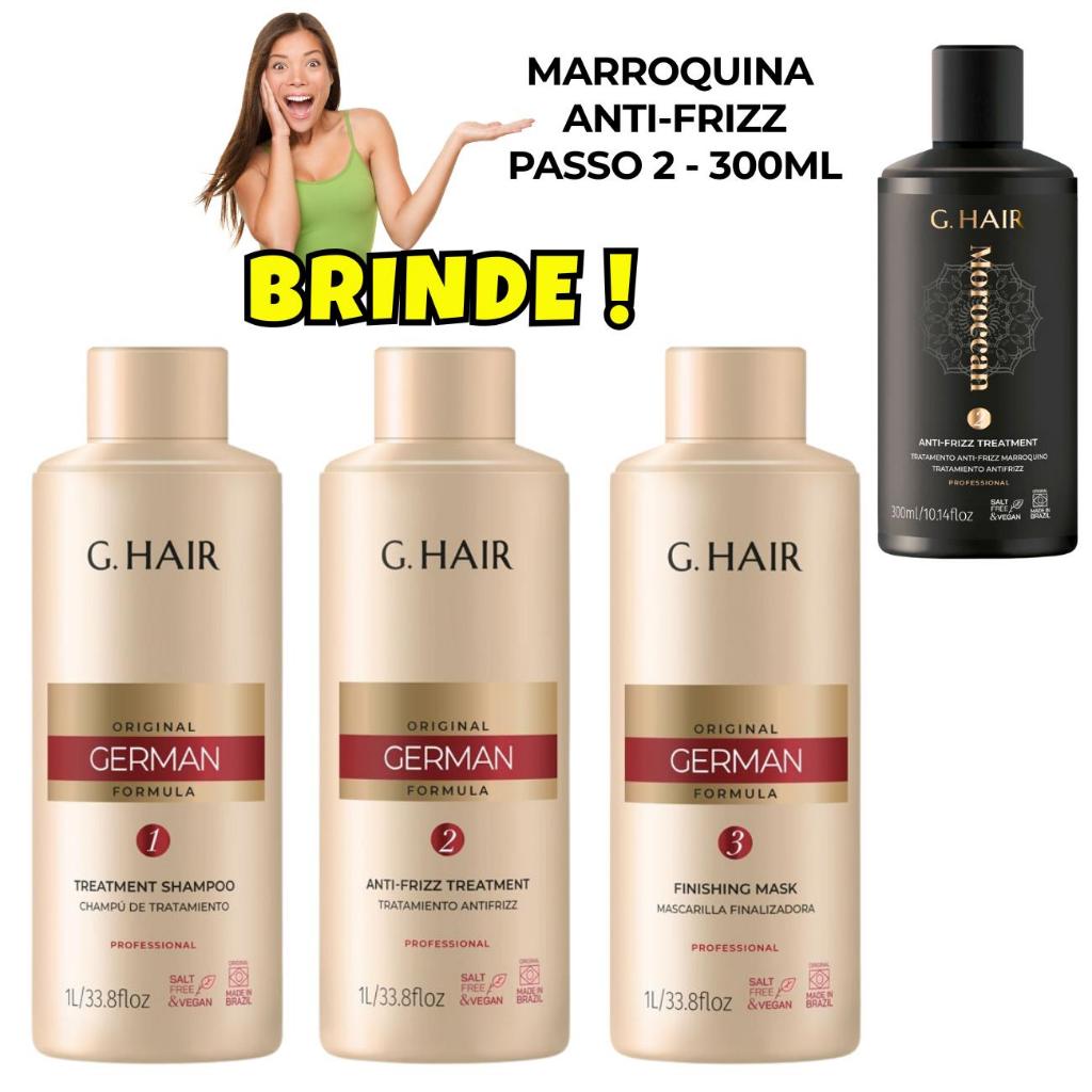 Ghair - Kit Escova Progressiva Fórmula Alemã Liso Extremo 3 PASSOS 1L + GRÁTIS MARROQUINA PASSO 2 300ml