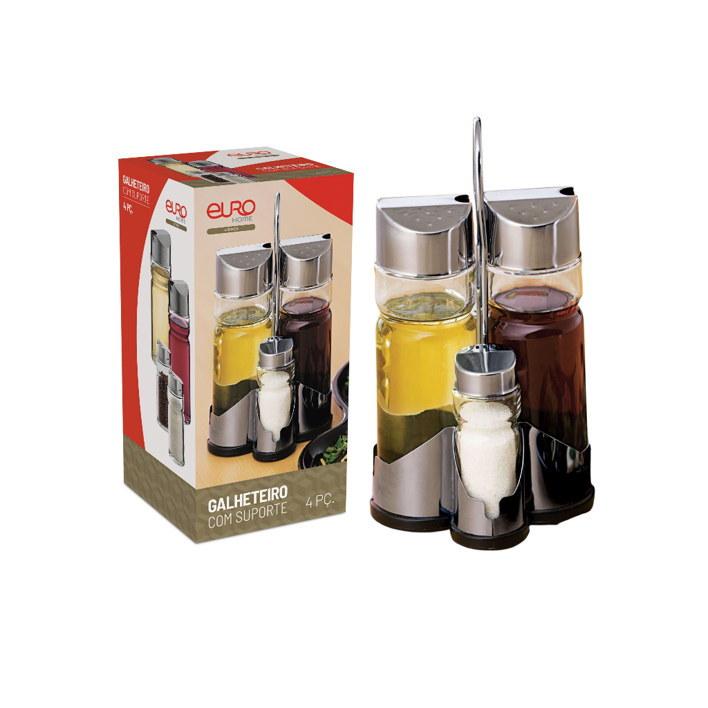 Conjunto Galheteiro 4 Peças Vinagre Azeite Sal Pimenta Vidro e Inox