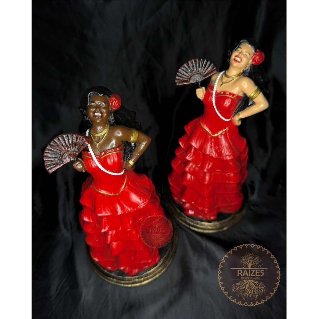 Estátua/Escultura Imagem Pombagira Cigana com Leque Vestido Vermelho Preto Resina