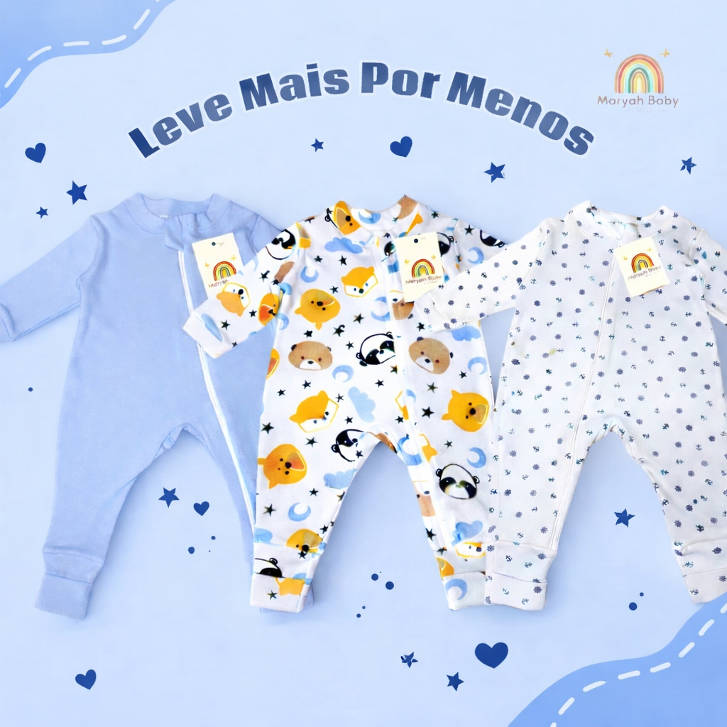 Kit com 3 macacões estampado para menino suedine 100 % algodão em Oferta na Shopee