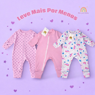 Kit com 3 macacões estampado para menina rosa com zíper em Oferta na Shopee