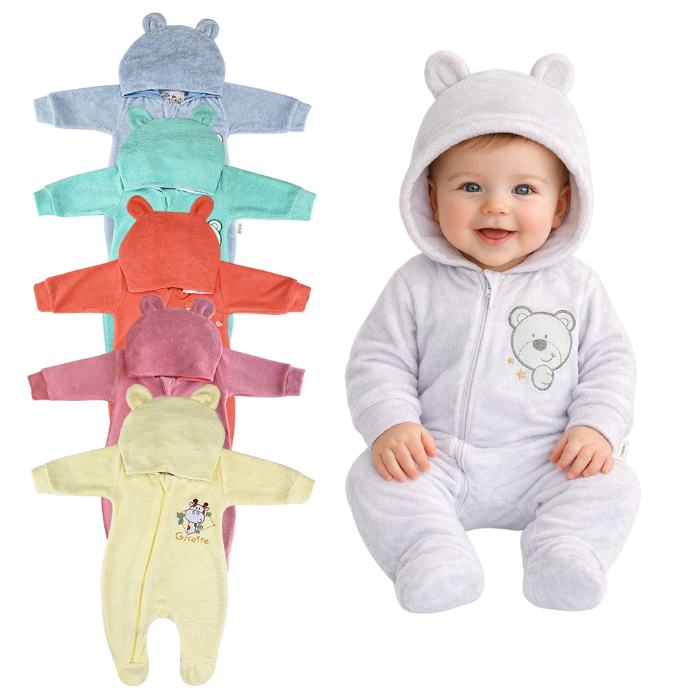 Macacão Bebê Plush Atoalhado Menino Capuz Zíper Orelhinhas em Oferta na Shopee