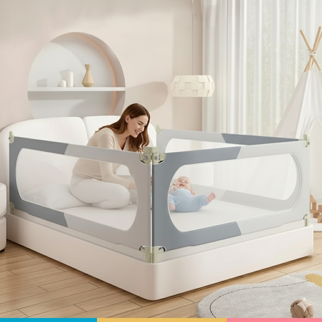 Grade de Cama Infantil Reforçada Proteção Anti-Queda Trava Dupla Altura Ajustável 100cm Tela Mesh