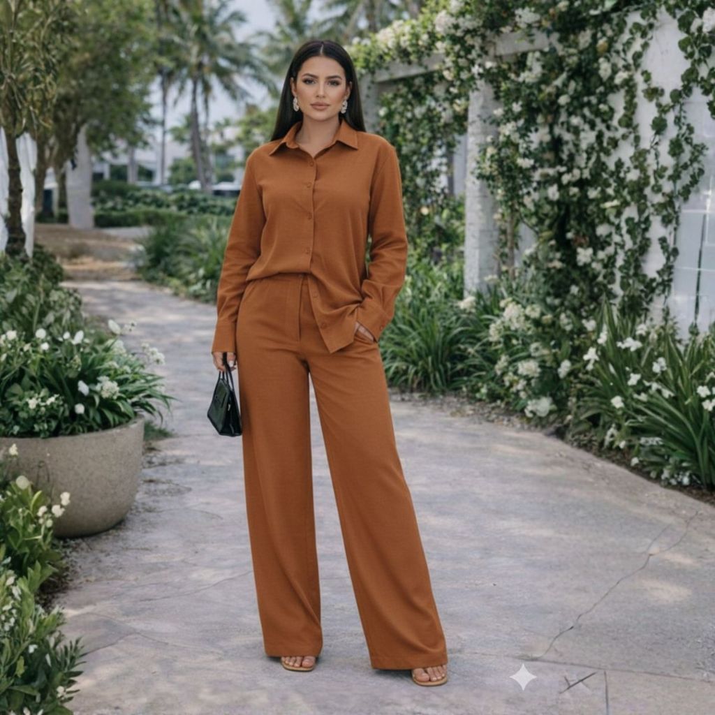 Conjunto Casual Feminino Verão Calça Pantalona e Camisa Manga Longa de Botões Tecido Alfaiataria em Oferta na Shopee