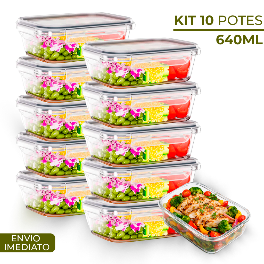 Conjunto 10 Potes 640ml Vidro Hermético 4 Travas Marmita em Oferta na Shopee