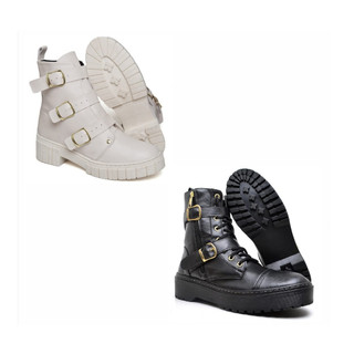 Botas coturno feminina branco e preto com fivelas