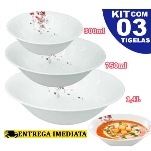Conjunto Jogo de 3 tigelas Travessas redonda em Vidro Temperado opaline kit tigela Branca em Oferta na Shopee