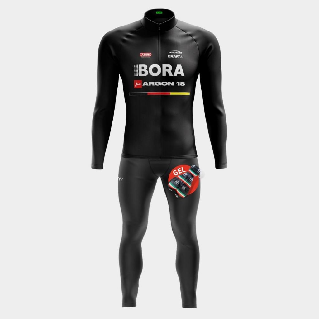 Conjunto Ciclismo Masculino Kit Camisa Bora Preta Calça de Gel Inverno Frio