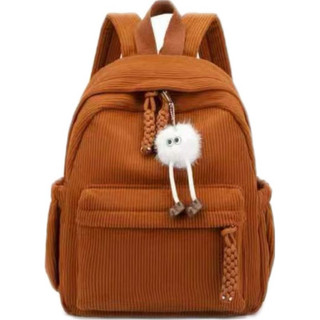 Mochila Feminina de Veludo Cotelê com Pompom | Mochila Escolar Casual Grande Capacidade p…