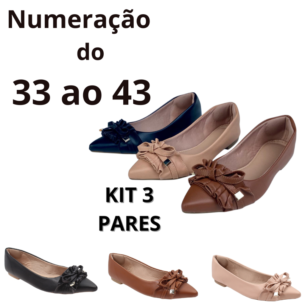 kit 3 sapatilhas bico alongado com detalhe sanfonado Preto+Caramelo+Nude