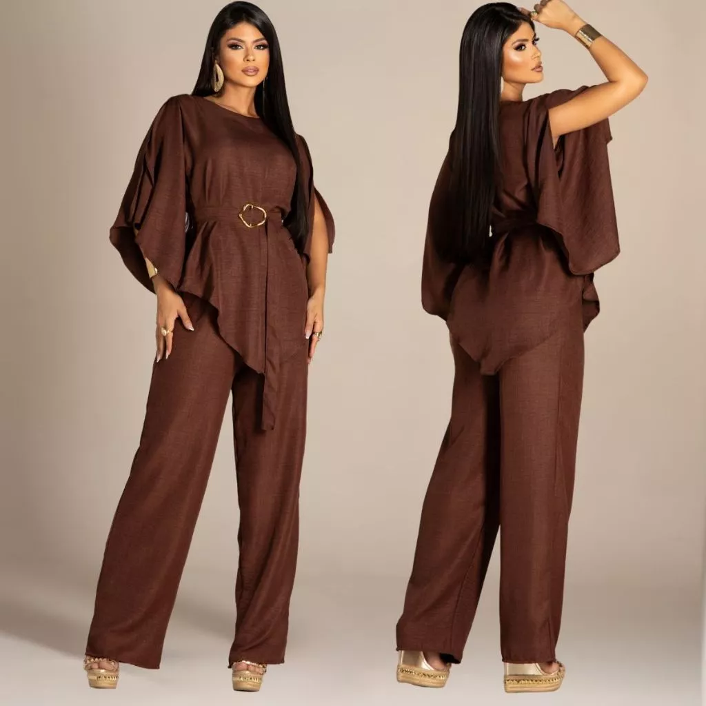 ⁠Conjunto Blusa Calça e Pantalona Tecido Crepe dunas Elegante Soltinha Perna Larga Wide Leg Com Cinto Manga Compida — imagem 1