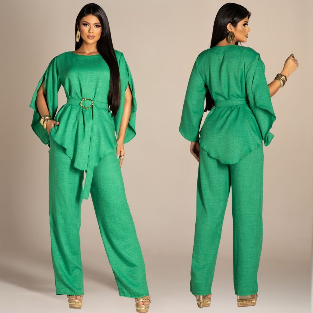 ⁠Conjunto Blusa e Calça e Pantalona Tecido em Crepe dunas Elegante Soltinha Perna Larga Wide Leg Com Cinto Manga Compida em Oferta na Shopee
