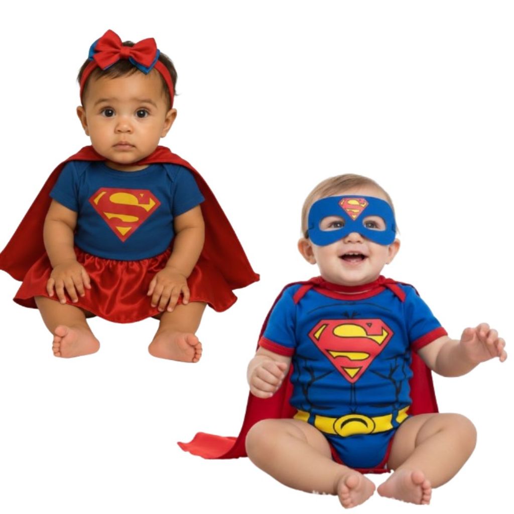 Body Bebe- Super Girl Superman+ Máscara +Capa- SUPER HEROIS - Mesversario Temático