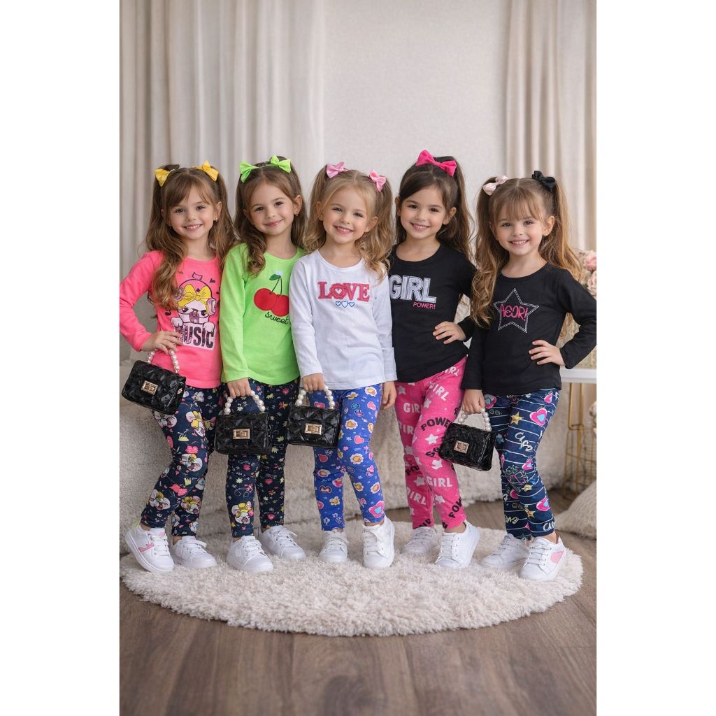 Kit 4 Peças Infantil Juvenil Menina Camiseta e Legging Tamanhos 4 a 16 Moda Infantil Feminina
