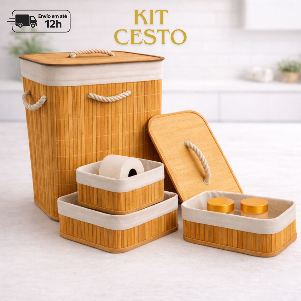 Cesto Bambu Roupa Suja com Tampa Banheiro Lavanderia Retangular Forrado 72 Litros Quarto Dobrável