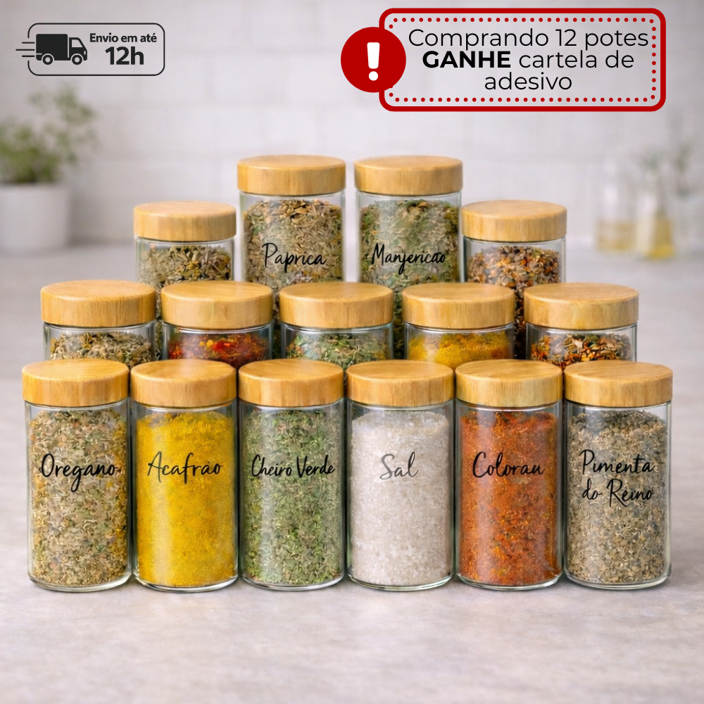 Kit Porta Condimentos Tampa Bambu Potes Temperos Vidro Organizador Tempero com Dosador