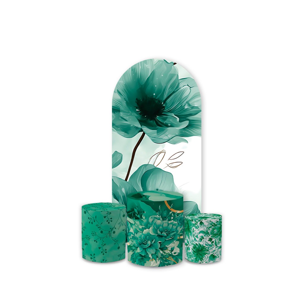 Kit Capa Painel Redondo+Trio Cilindros Verde Floral Borboletas Decoração Festa Sublimado Alta Qualidade