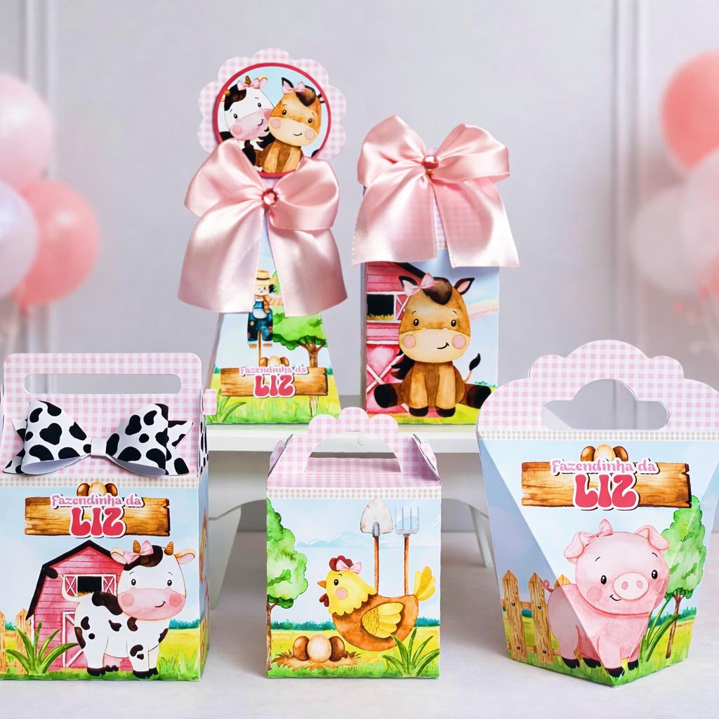 Kit Personalizados caixas Festa Fazendinha Rosa Caixinha Aniversário Lembrancinha Pegue e Monte