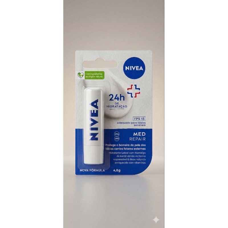 Protetor Labial NIVEA Med Repair FPS 15 24h Hidratação – Reparação Intensiva para Lábios Sensíveis 4,8g | Envio Imediato