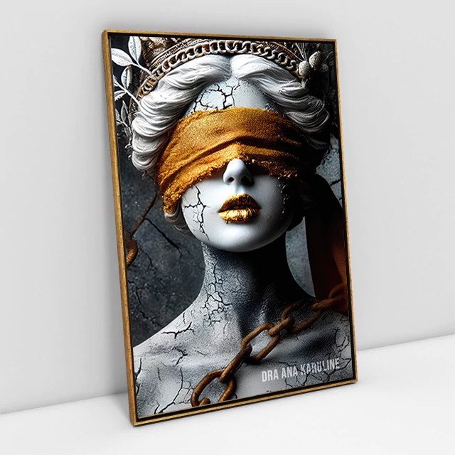 Quadro Decorativo Estátua Dama da Justiça Moderna com Venda Dourada e Corrente para Escritório de Advocacia Hall