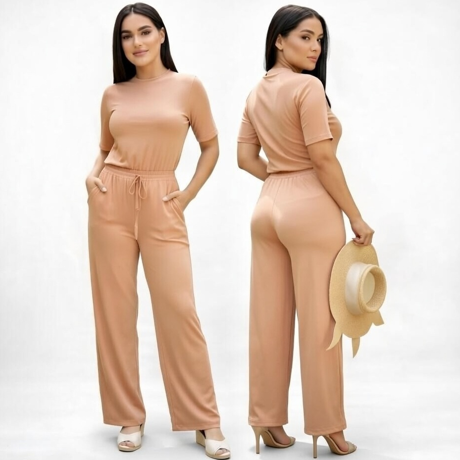 Conjunto Feminino Calça Pantalona Wide Leg Mulher Elegante com Blusa feminina Manga Curta