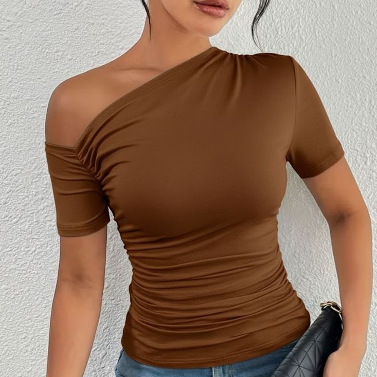 Blusa Feminina Suplex com Manga Curta Assimétrica Drapeada Verão Elegante Casual Ombro a O...