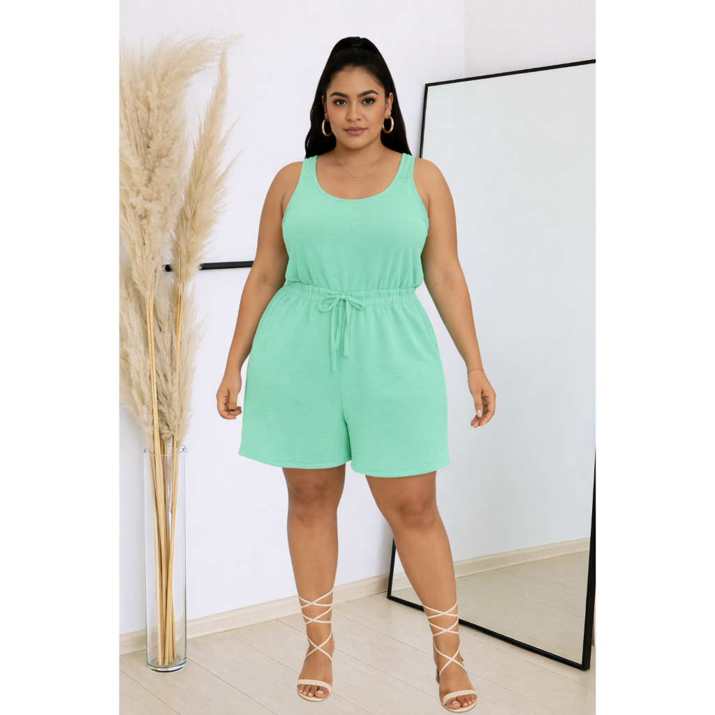 Macaquinho Plus Size 48 ao 56 Dia a dia Cintura Alta Com Bolso de Alça Tecido Duna Barato Promoção Roupas Pluis Size