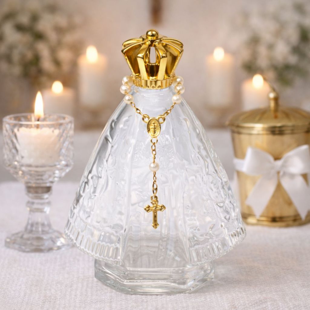 Kit 06 Frascos de Vidro Santinha Nossa Senhora Aparecida 120ml C/ Mini Terço