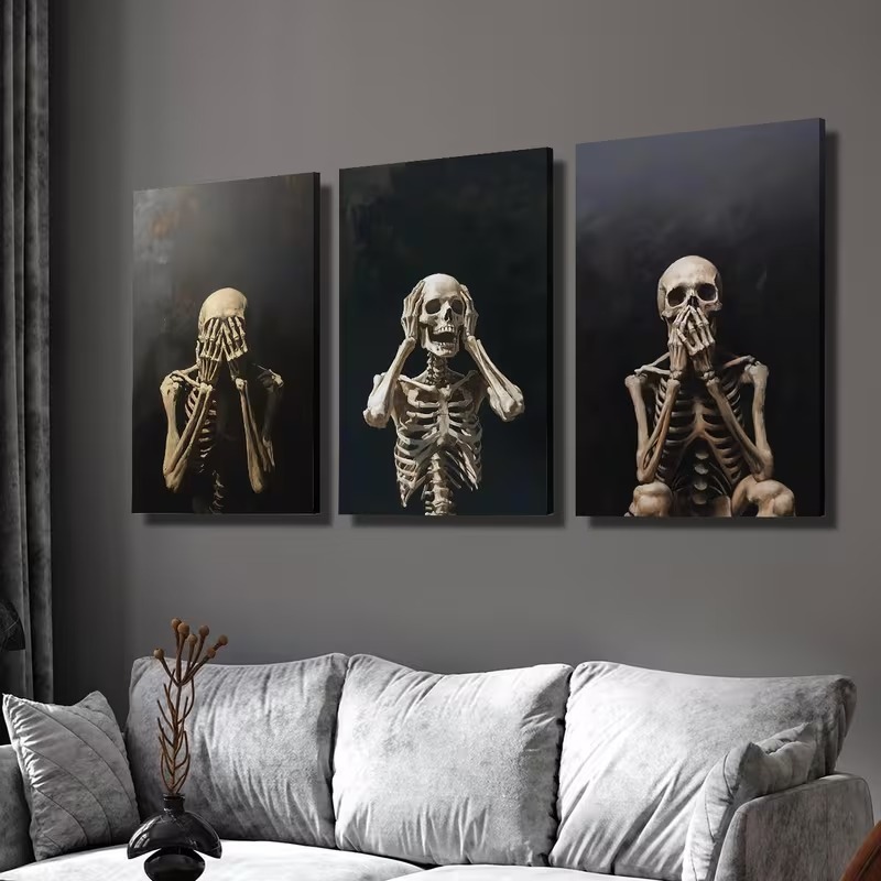 Kit 3 Quadros Decorativos Esqueletos Caveira Sábios Gótico Dark Rock Estúdio Tattoo