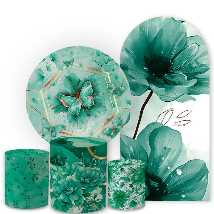 Kit Capa Painel Redondo+Trio Cilindros Verde Floral Borboletas Decoração Festa Sublimado Alta Qualidade em Oferta na Shopee