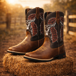 Bota Texana Masculina Country Artesanal Couro Bico Quadrado Sola Costurada Barretos