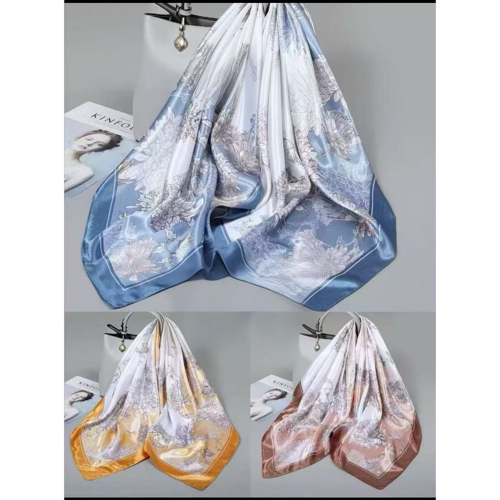 Lenço de seda com estampa de crisântemo, 90x90 cm, ideal para praia, luxuoso e confortável, pode ser usado como xale. em Oferta na Shopee